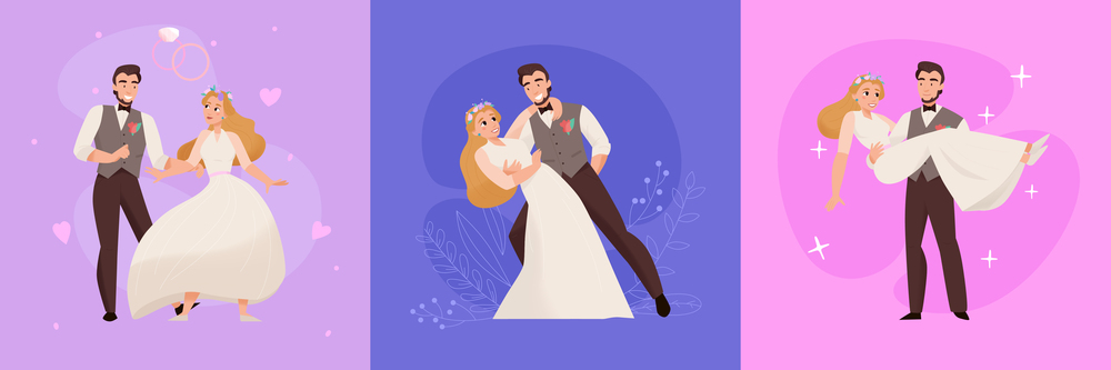 Wedding day marriage ceremony concept 3 pink violet background flat compositions with happy newlywed couple vector illustration. Wedding Marriage Concept Design