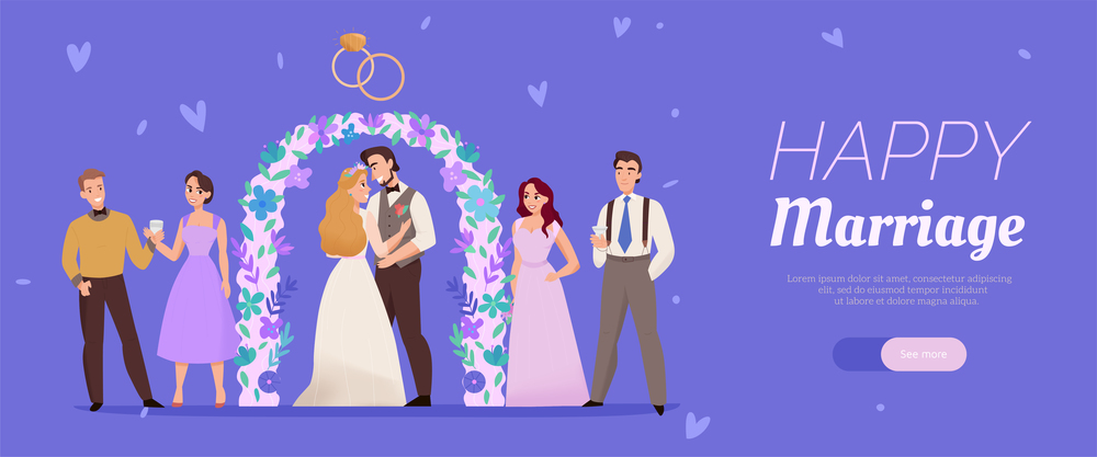 Happy marriage horizontal lilac background web banner with wedding ceremony flower arch kissing couple guests vector illustration. Wedding Marriage Ceremony Banner