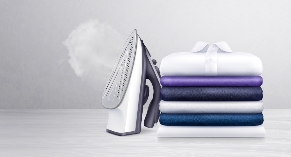 Stack of neatly folded clean clothes and iron with water vapor realistic vector illustration. Clothes Stack And Iron