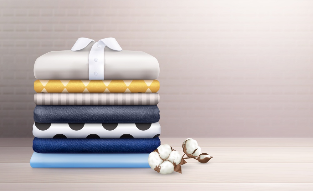 Ironed clothes and colorful linen stack decorated with cotton branch realistic composition vector illustration. Clothes Stack Realistic Composition