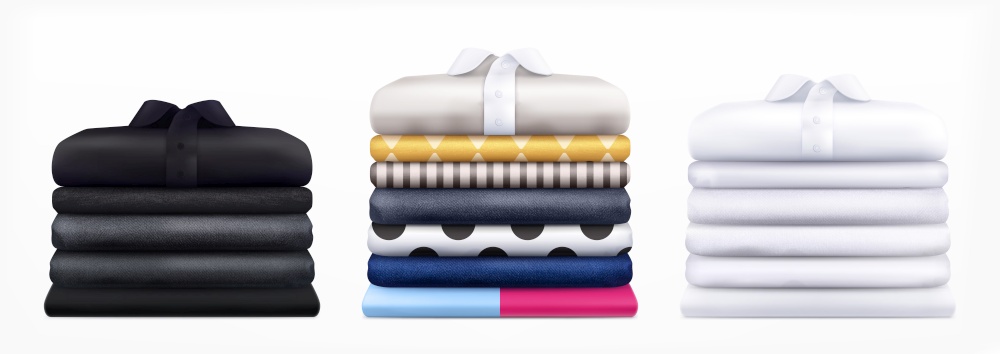 Clothes stacks realistic design concept with three bundles of neatly piled fabric and chemises vector illustration. Clothes Stacks Realistic Design Concept