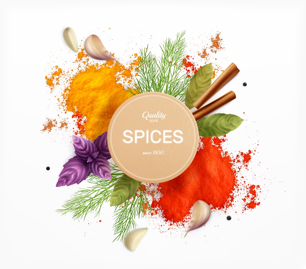 Spices and herbs emblem decorated with leaves of dill basil bay and powder of curry and paprika realistic vector illustration. Spices And Herbs Realistic Emblem