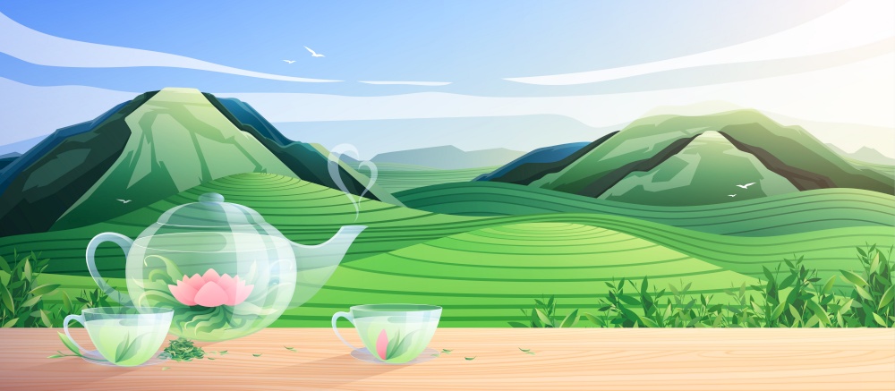 Natural tea production colorful composition with glass utensils for tea ceremony at nature landscape background flat vector illustration. Natural Tea Production Flat Composition