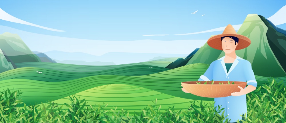 Natural tea production horizontal poster with chinese man busy harvesting on tea plantation flat vector illustration. Natural Tea Production Horizontal Poster