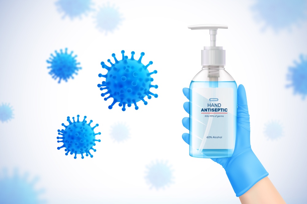 Coronavirus protection realistic background with hands in gloves holding dispenser with antiseptic gel vector illustration. Coronavirus Protection Realistic Background
