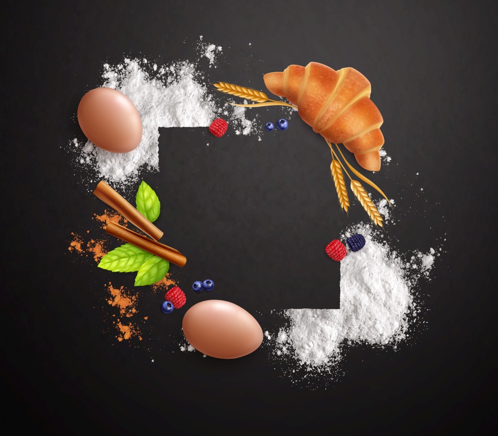 Bakery realistic frame made up of croissant eggs wheat flour mint leaves on black background vector illustration. Bakery Realistic Frame