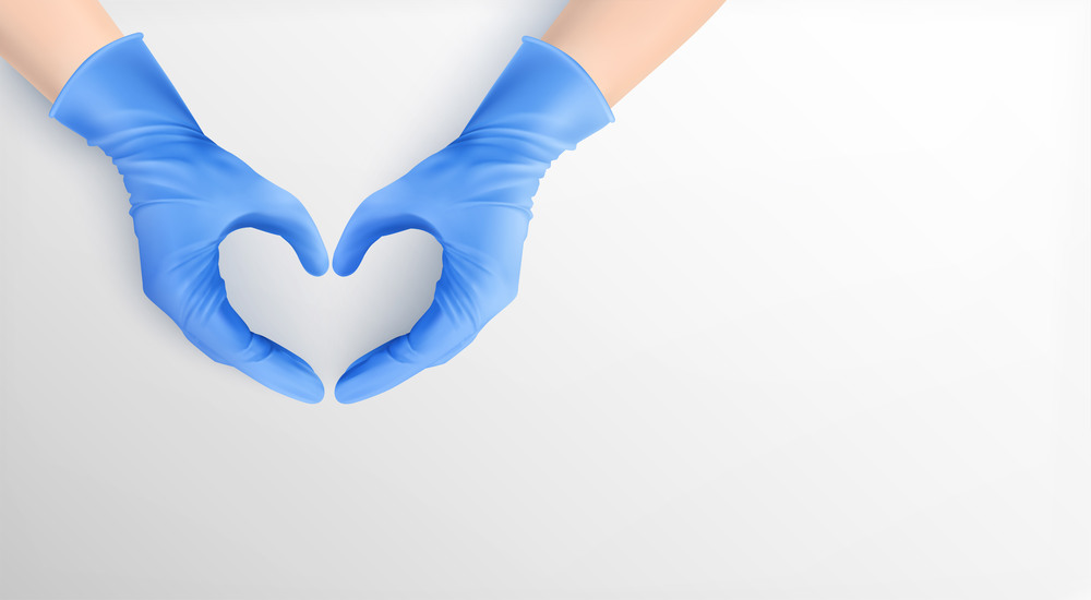Hands in blue latex gloves with fingers folded in shape of heart realistic vector illustration. Hands In Gloves In Shape Of Heart