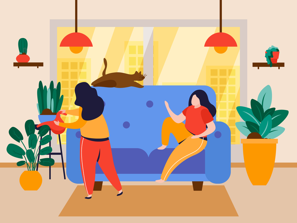 Home garden background with houseplants and cat on sofa flat vector illustration. Home Garden Background