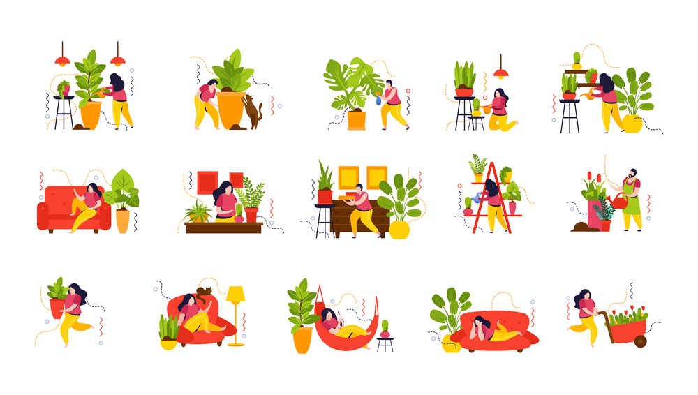 Home garden flat color set of female characters engaged in planting and caring for domestic plants isolated vector illustration. Home Garden Flat Color Set