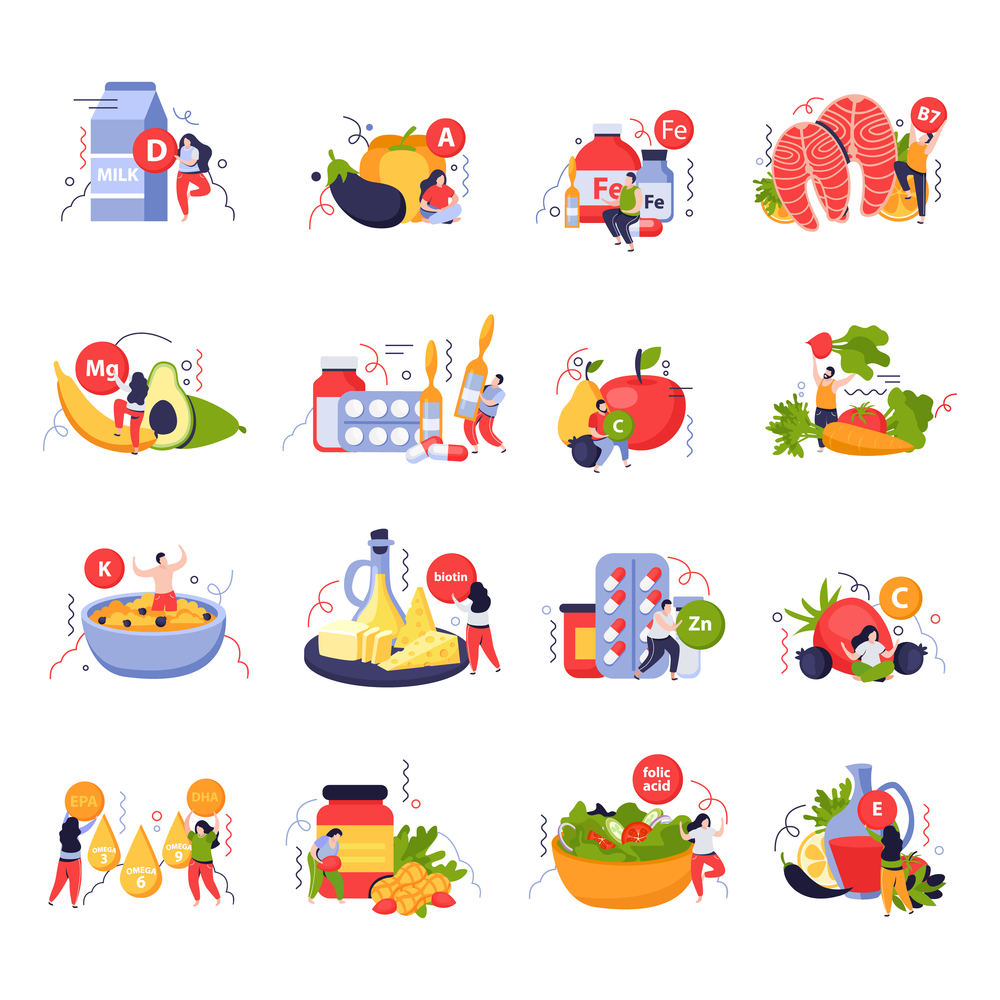 Vitamins in products icons set with fruit and vegetables flat isolated vector illustration. Vitamins In Products Icons Set