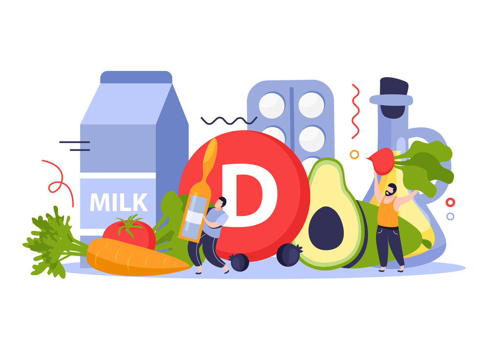 Vitamins in products concept design with pills milk and fruit flat vector illustration. Vitamins In Products Concept Design