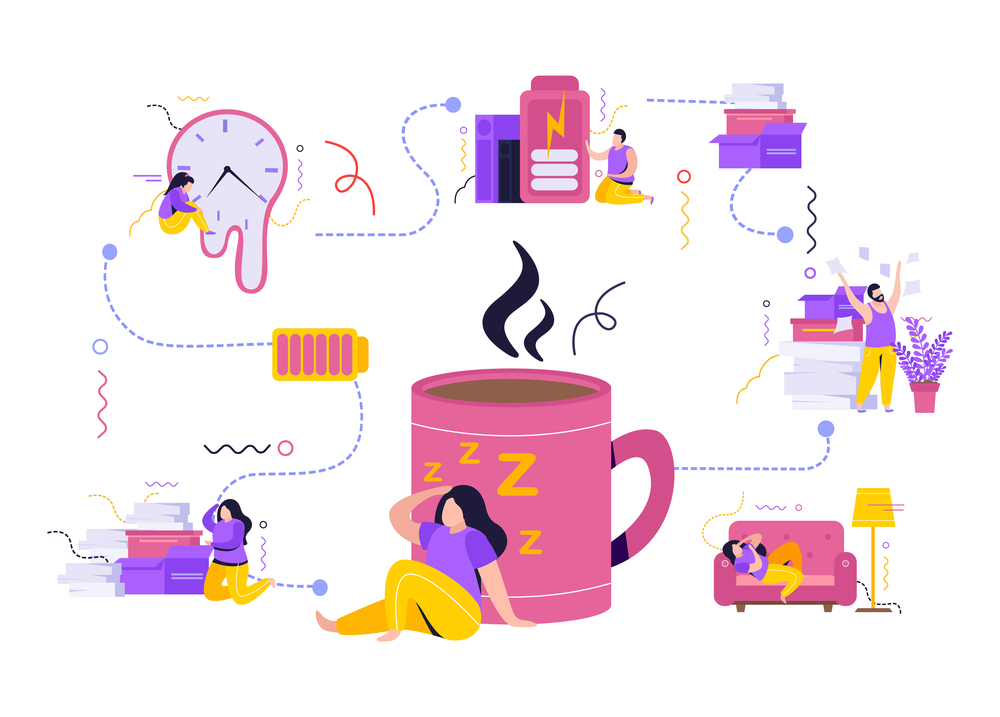 Fatigue flat composition with tired people with low energy unpacking purchases or lying on couch vector illustration. Low Energy People Composition