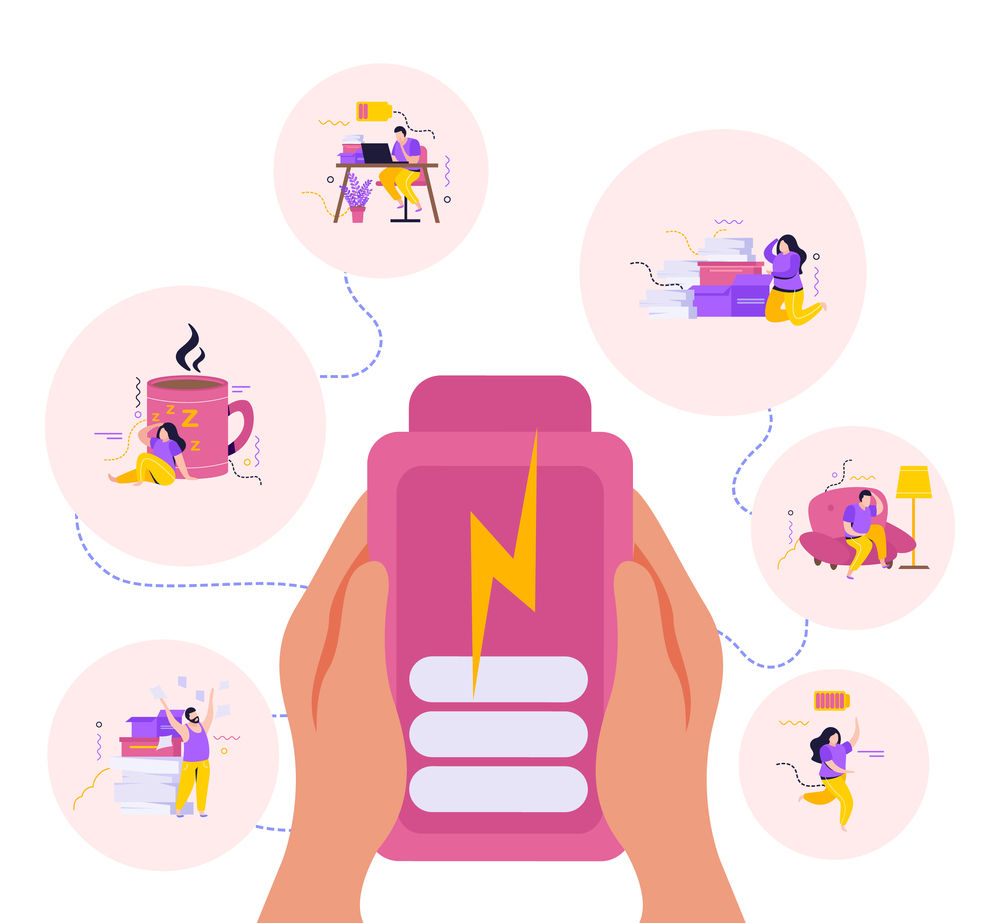 Low energy people design concept with human hands holding charged smartphone and characters feeling tired vector illustration. Low Energy People Design Concept