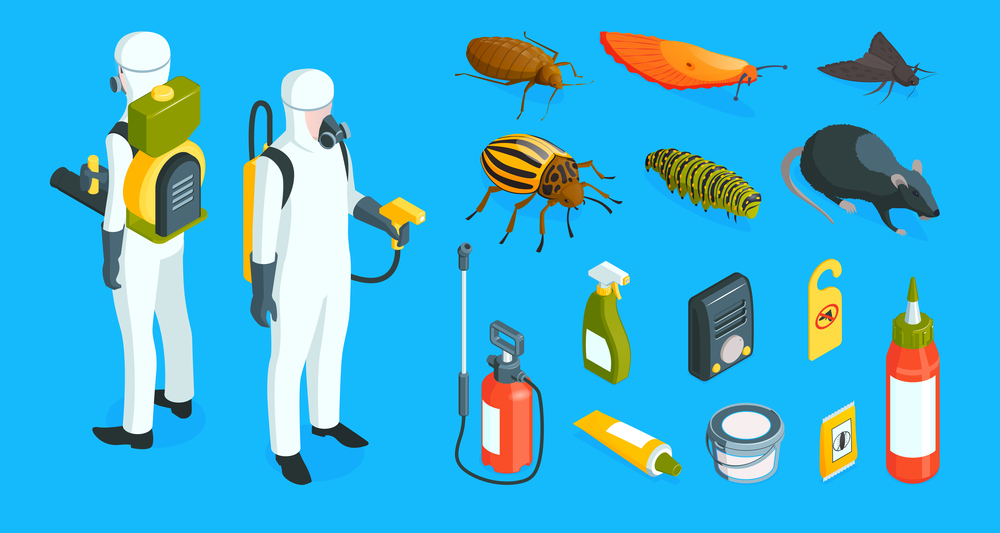 Isometric pest control color set with icons of chemicals detergents people in protective suits and insects vector illustration. Pest Control Icon Set