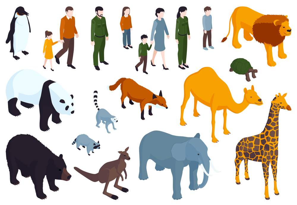 Isometric zoo color set with isolated human characters of visitors and various animals on blank background vector illustration. Isometric Zoo Icon Set