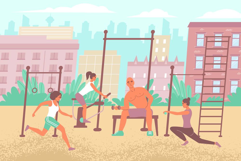 City sports ground composition with flat outdoor cityscape and gym equipment with people performing workout exercises vector illustration. Urban Sports Ground Composition