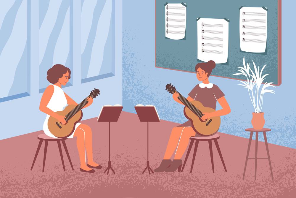 Learning string instruments composition with music class indoor scenery and female characters of tutor and student vector illustration. Learning Guitar Flat Composition