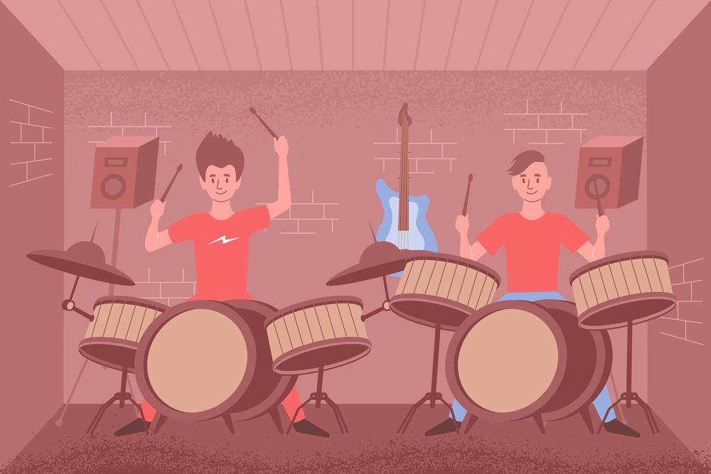 Learning percussion flat composition with indoor scenery and two drum sets with playing people and loudspeakers vector illustration. Percussion Class Flat Composition