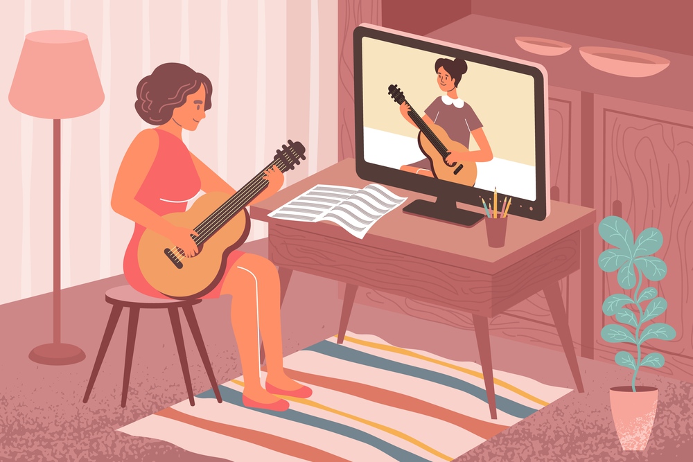 Online learning music flat composition with living room scenery and girl playing guitar with remote tutor vector illustration. Online Learning Music Composition