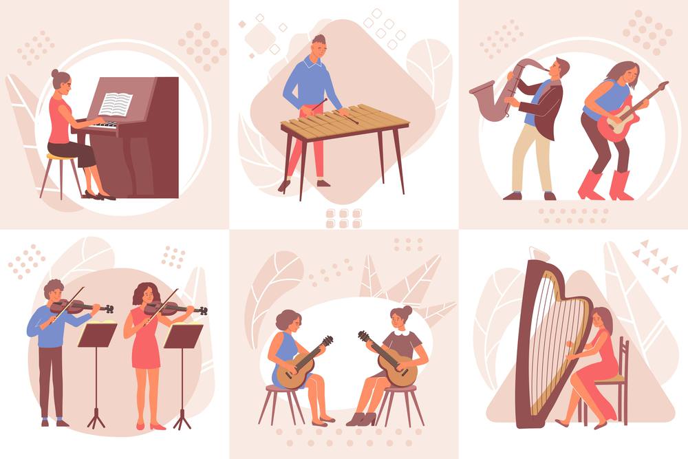 Set of six square learning music compositions with flat doodle characters of people playing musical instruments vector illustration. Learning Music Design Concept