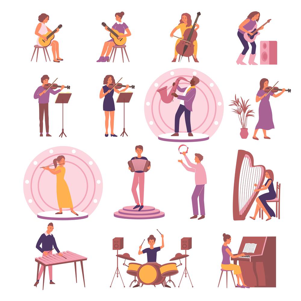 Learning music set with isolated icons and flat images of instruments with playing people and podiums vector illustration. Learning Music Icon Set