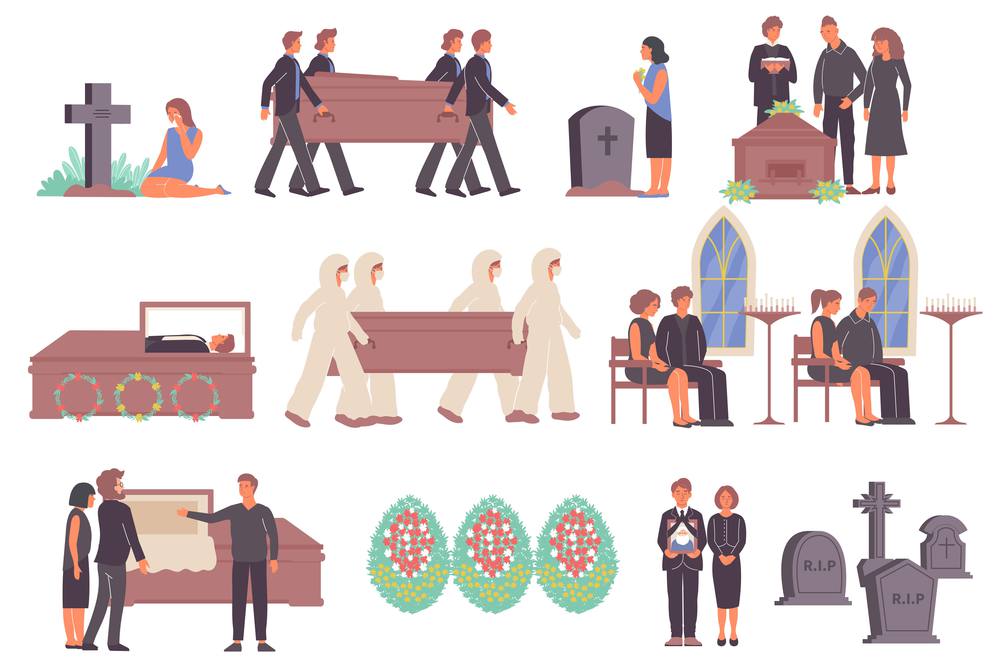 Funeral services set with flat icons and isolated images of graves burial wreath and human characters vector illustration. Funeral Services Icon Set