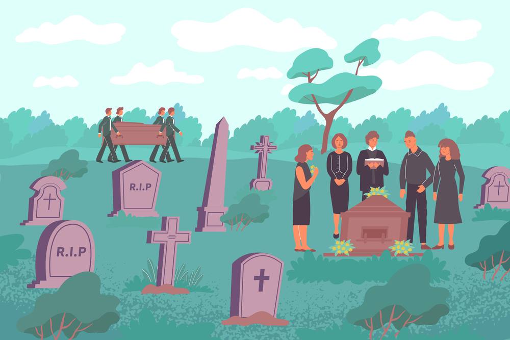 Funeral flat composition with cemetery landscape with stone graves and human characters carrying wooden eternity box vector illustration. Cemetery Funeral Flat Composition