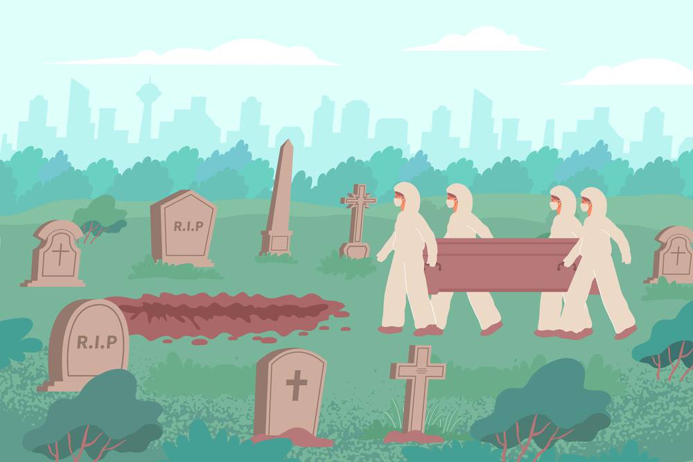 Funeral covid flat composition with outdoor view of cemetery with cityscape and people in protection suits vector illustration. Covid-19 Funeral Composition