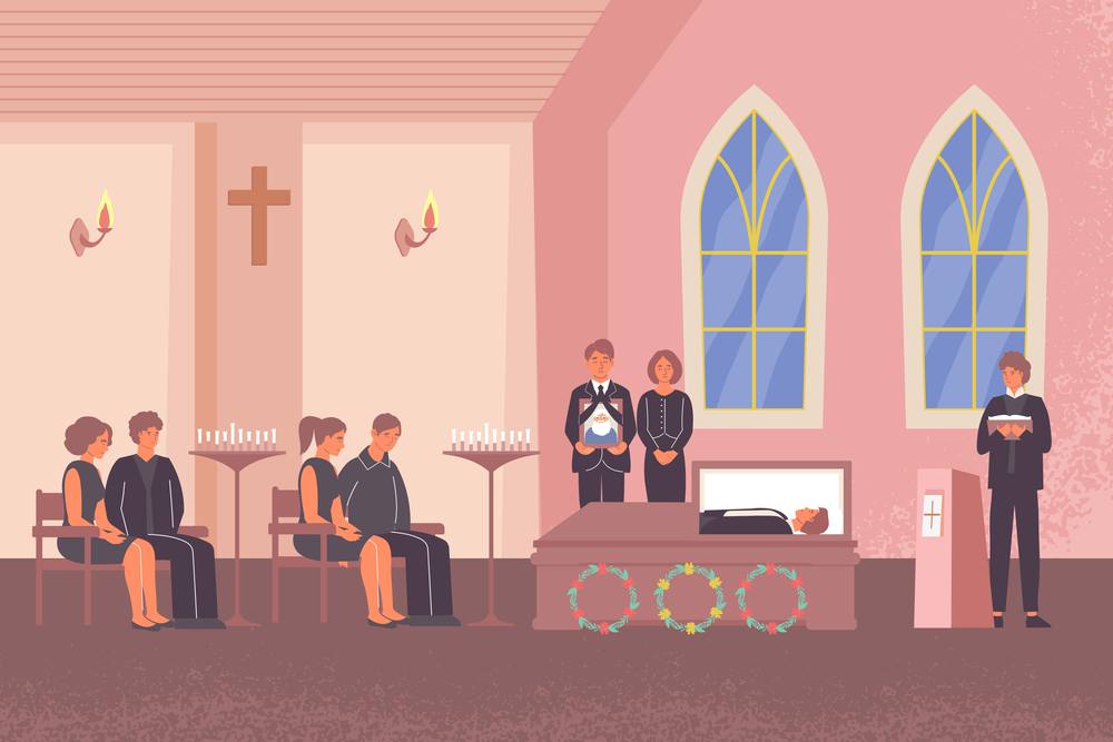 Funeral flat composition with indoor church scenery and pastor performing funeral service for deceased persons friends vector illustration. Burial Service Flat Composition