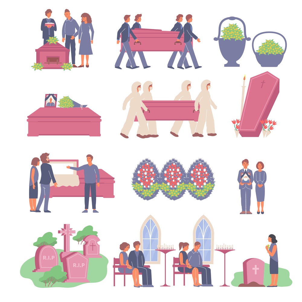 Funeral set of isolated icons with images of wreath eternity box and graves with human characters vector illustration. Funeral Flat Icons Collection