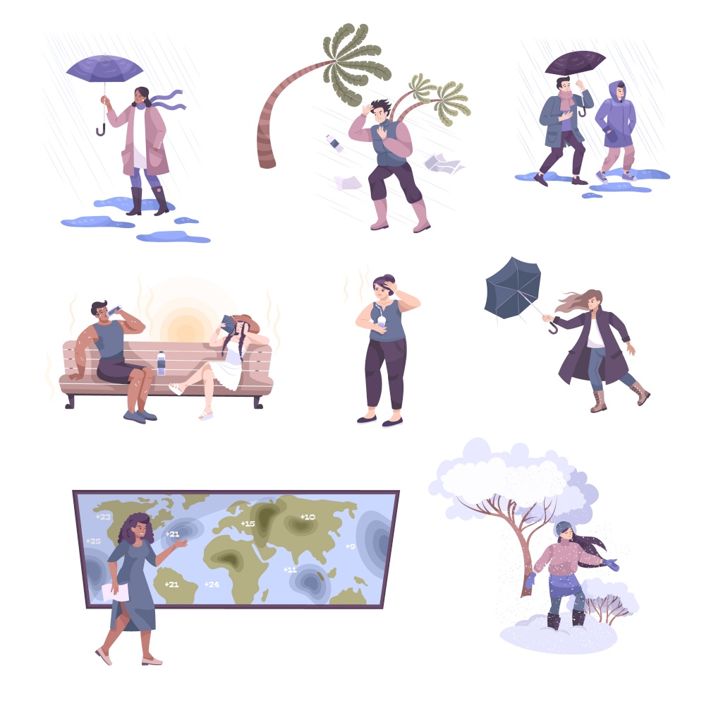 Set of flat weather icons with people in warm and light clothing and seasonal health disorders vector illustration. Flat Weather Icons Collection