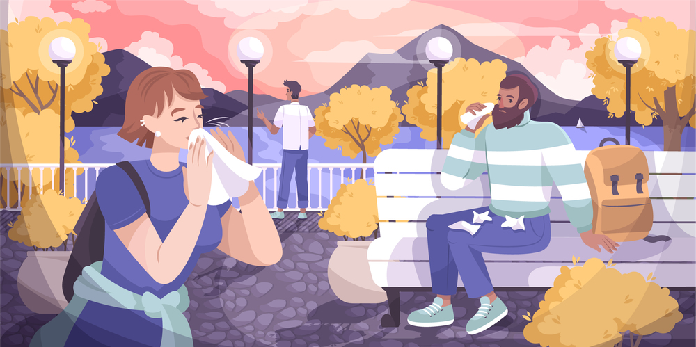 Runny nose flat composition with autumn park outdoor landscape and people blowing their noses with wipes vector illustration. Runny Nose Flat Composition