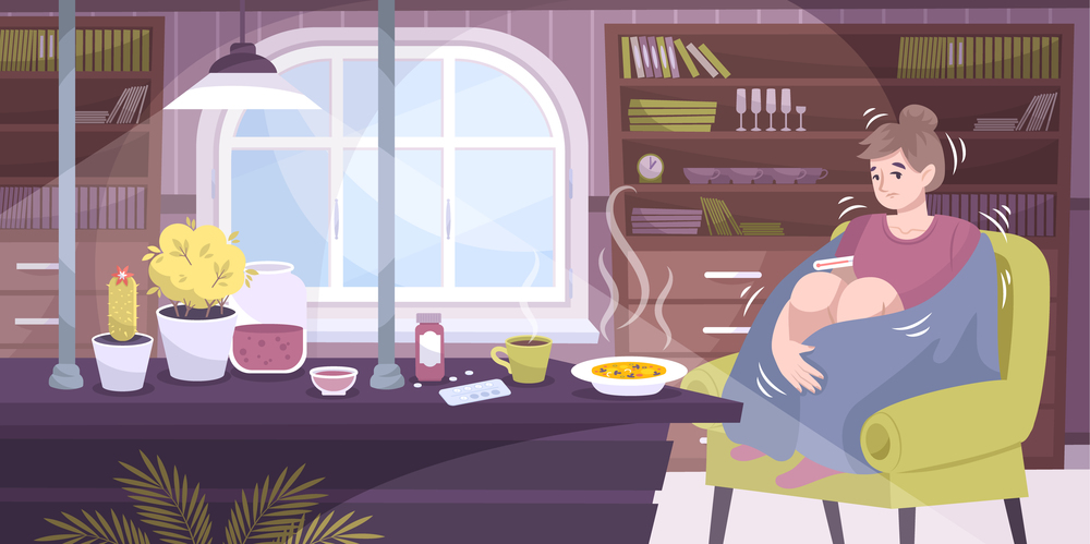 Chills colds flat composition with living room interior home scenery and sick woman shivering with fever vector illustration. Chills Cold Flat Composition
