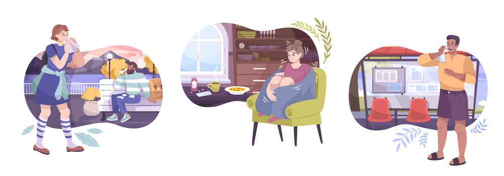 Colds symptoms set of flat compositions with outdoor and home views with human characters getting cold vector illustration. Cold Symptoms Compositions Set