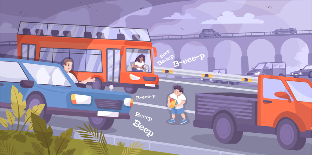 Child safety on road background with cars and kid flat vector illustration. Child Safety On Road Background