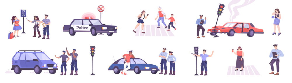 Traffic police set with rules violation symbols flat isolated vector illustration. Traffic Police Set