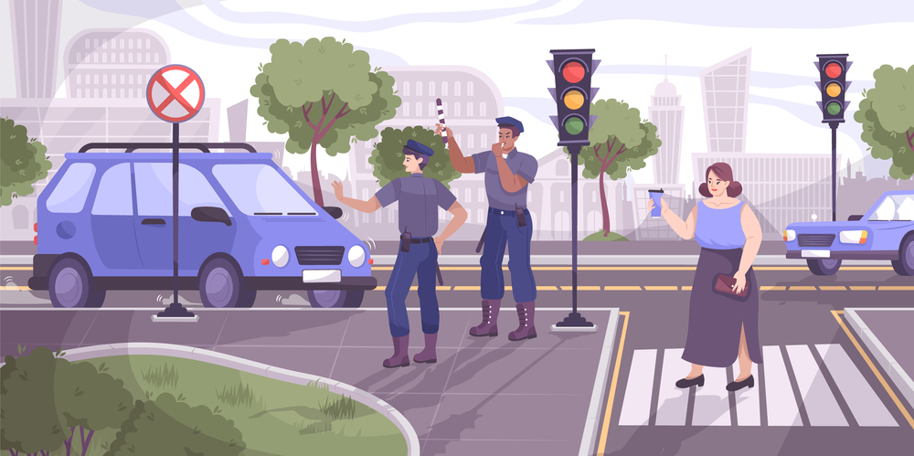 Traffic police background with stop signal symbols flat vector illustration. Traffic Police Illustration
