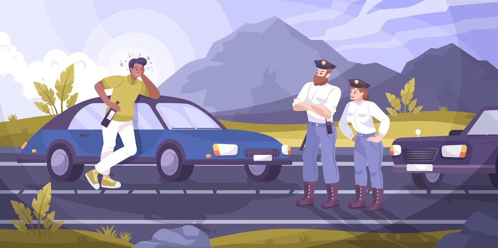 Traffic police patrol background with drunk driver symbols flat vector illustration. Traffic Police Patrol Background
