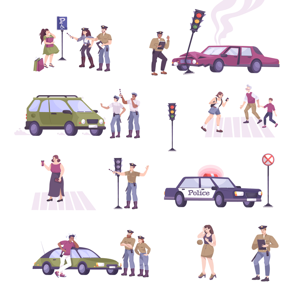 Traffic police icons set with traffic regulation symbols flat isolated vector illustration. Traffic Police Icons Set