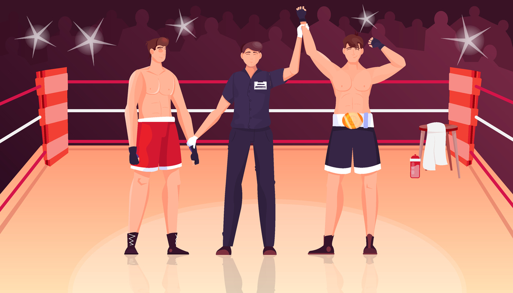 Winner judge flat composition with view of boxing ring with silhouette of crowd and boxer characters vector illustration. Boxing Winner Judge Composition
