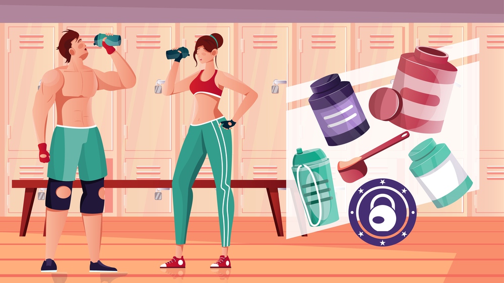 Bodybuilding sport nutrition flat composition with indoor view of gym locker room with athletes and nutraceuticals vector illustration. Bodybuilding Gym Nutritions Composition