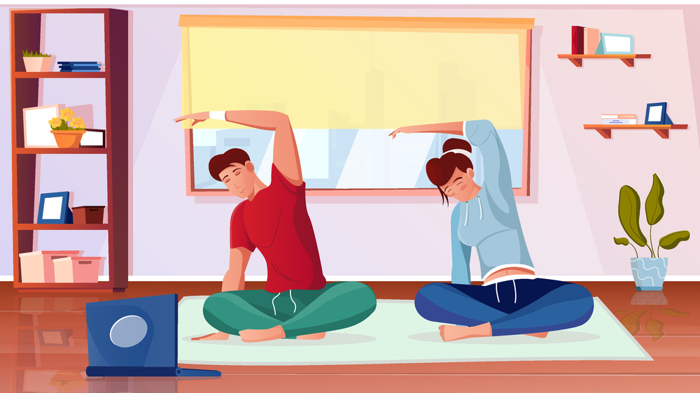 Training fit online flat composition with sitting people practicing yoga at home looking at laptop course vector illustration. Training Fit Flat Composition