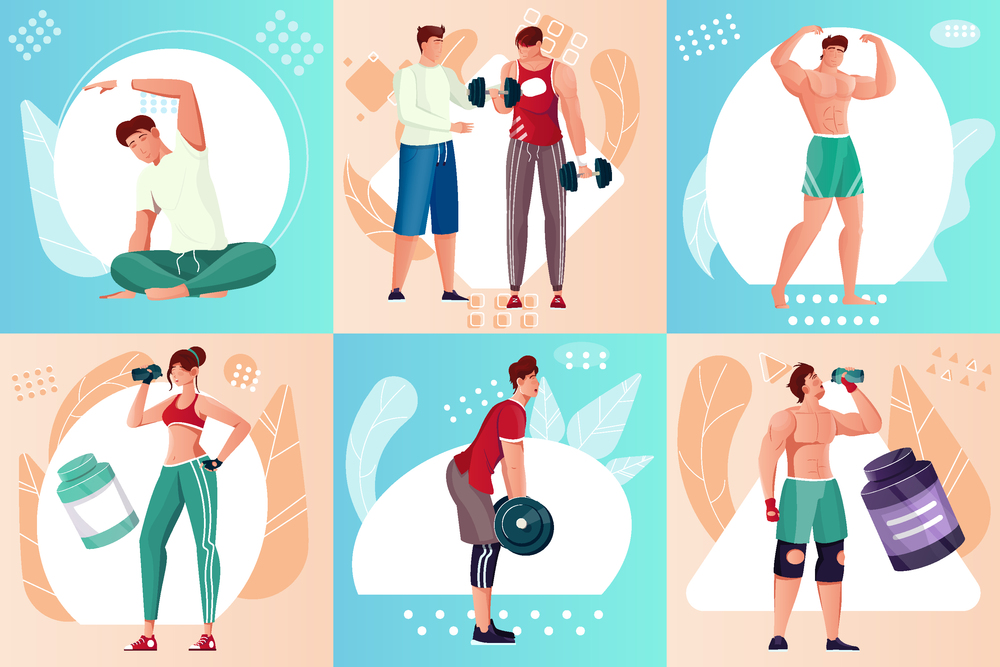 Flat composition set with people doing bodybuilding isolated vector illustration. Bodybuilding Composition Set