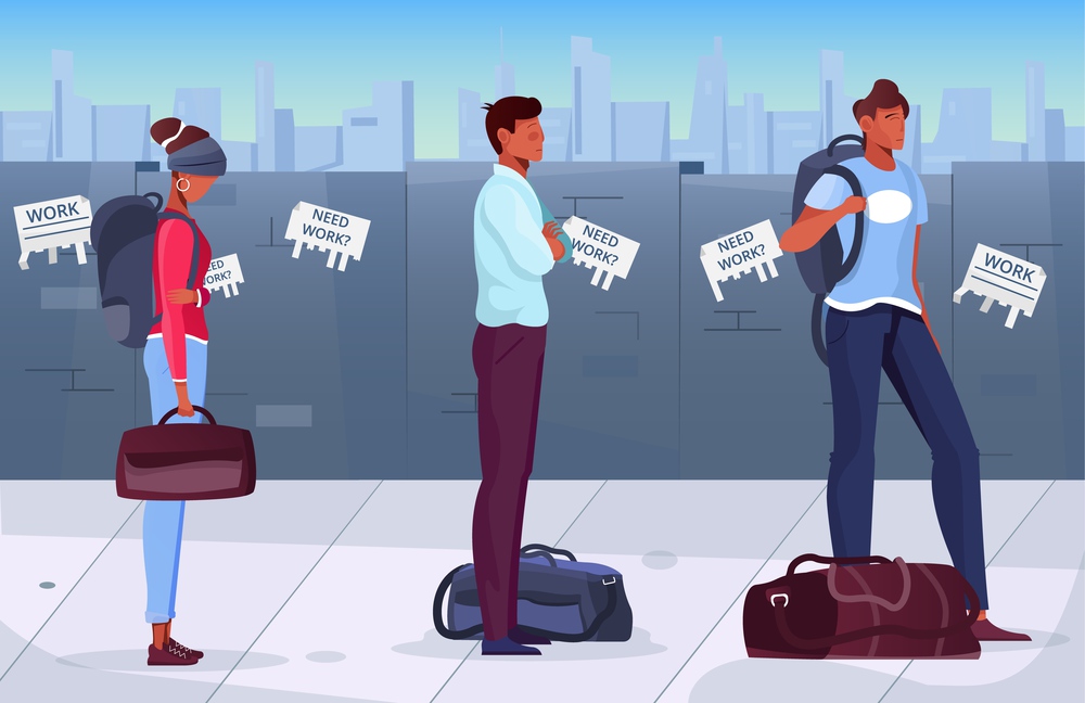 Migrants standing in queue in background with wall and need work advertisements on it flat vector illustration. Migrants Flat Illustration