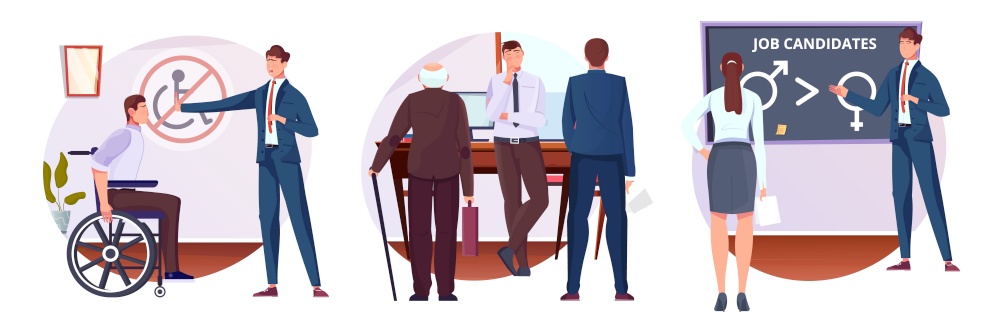 Discrimination of disabled elderly people and women at work flat composition set isolated vector illustration. Discrimination Flat Composition