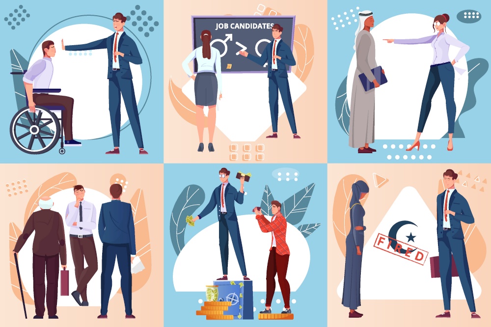 Discrimination flat composition set with job candidates with different characteristics discriminated against isolated vector illustration. Discrimination Composition Set