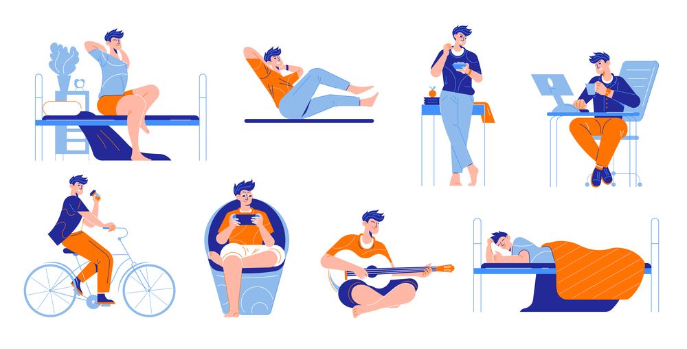 Man daily routine set of isolated icons with male human characters during working and leisure activities vector illustration. Man Daily Routine Set