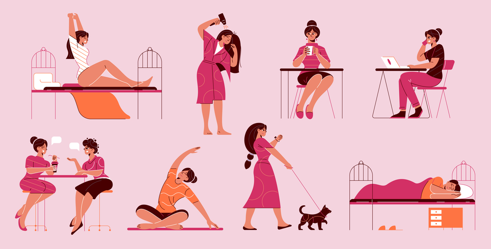 Woman daily routine set with isolated icons with doodle style female characters during various everyday activities vector illustration. Girl Everyday Activities Set