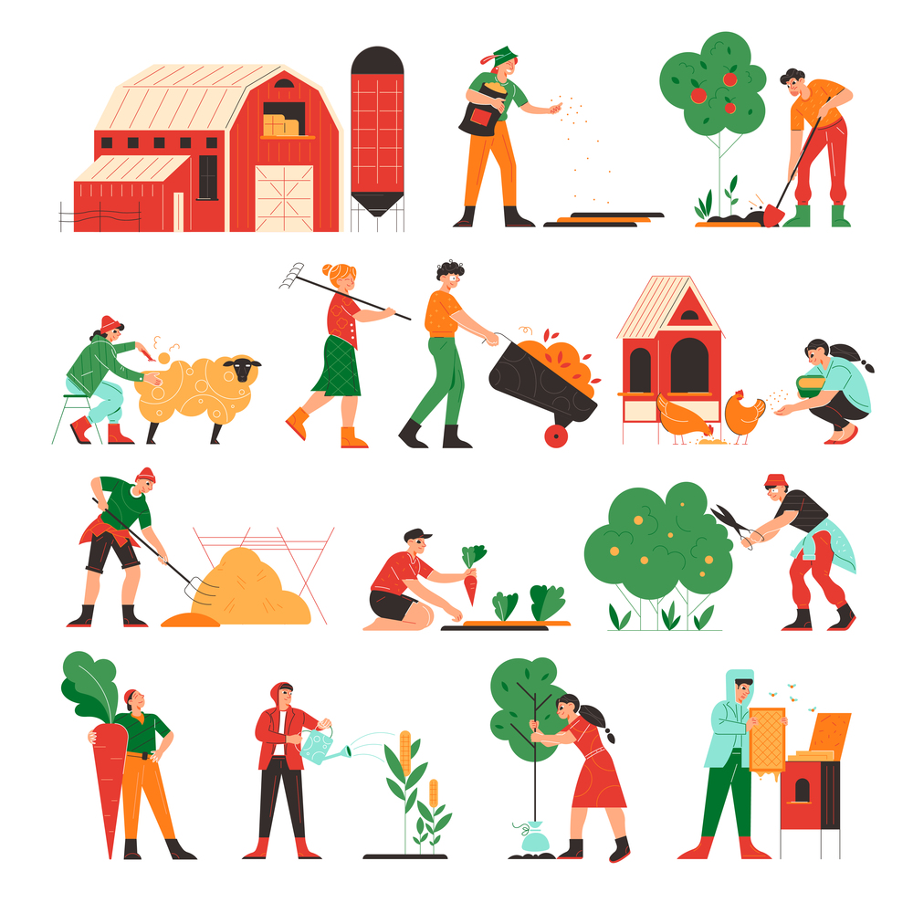 Farm set of isolated icons doodle images of animals and plants with working people and farm buildings vector illustration. Farm Works Icon Set