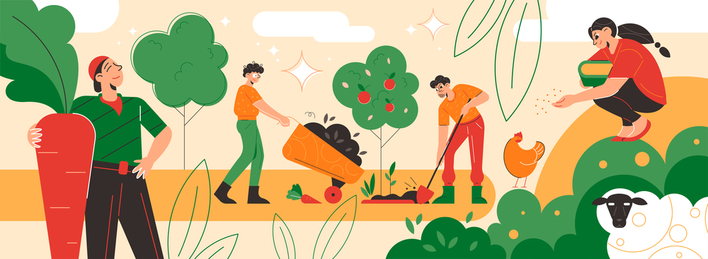Farm garden works composition with flat doodle style landscape and human characters planting vegetables feeding chicken vector illustration. Garden Farm Works Composition